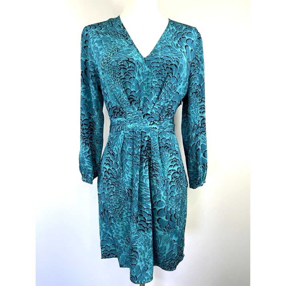 Elorie Y2K Womens 100% Silk‎ Teal Belted V-Neck Mini Dress Size S Peacock Preppy